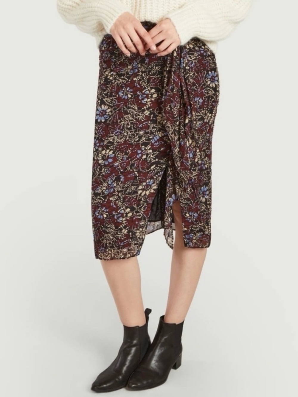 ba&sh Burgundy Floral Wrap Skirt with Blue Accents